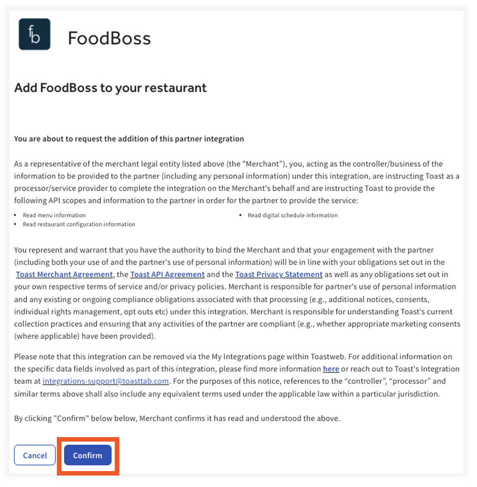 Get Started with the FoodBoss Integration