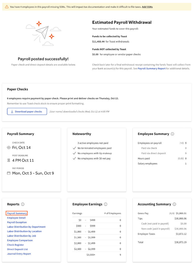 Toast Payroll When will my account be debited for Payroll?