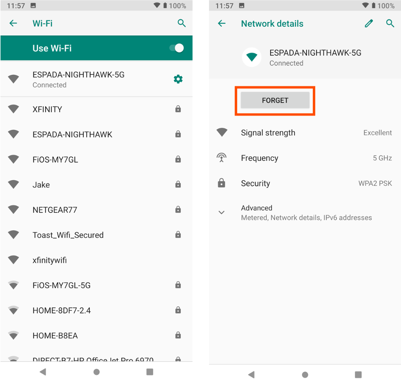 Forgetting a Network on a Toast Device