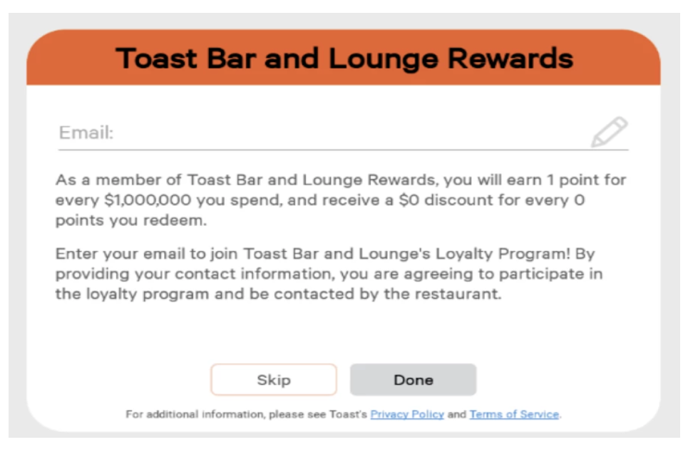 Toast Loyalty kiosk sign up.