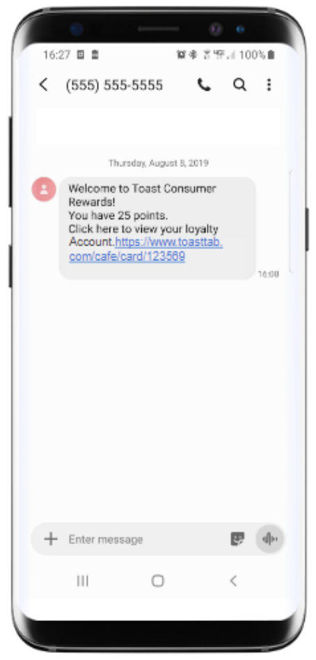 Toast Loyalty sign up confirmation via SMS text message.