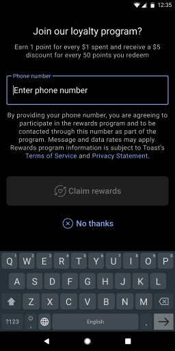 Loyalty program sign up on the Toast Go® device.