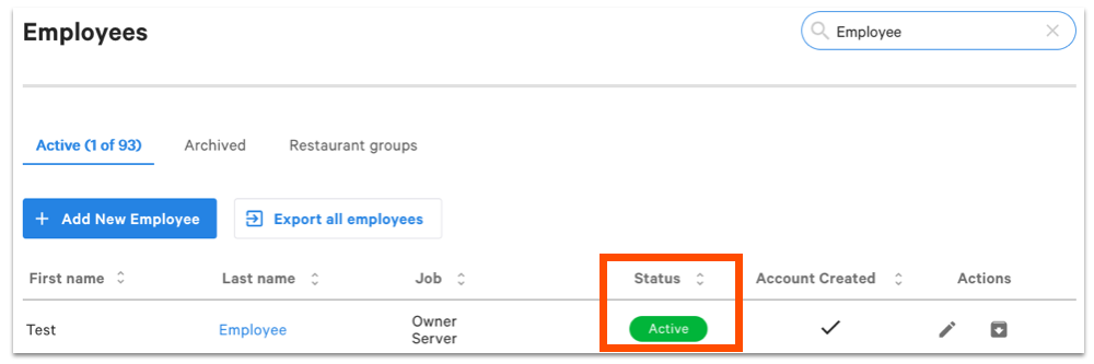 Green active badge showing next to employee name