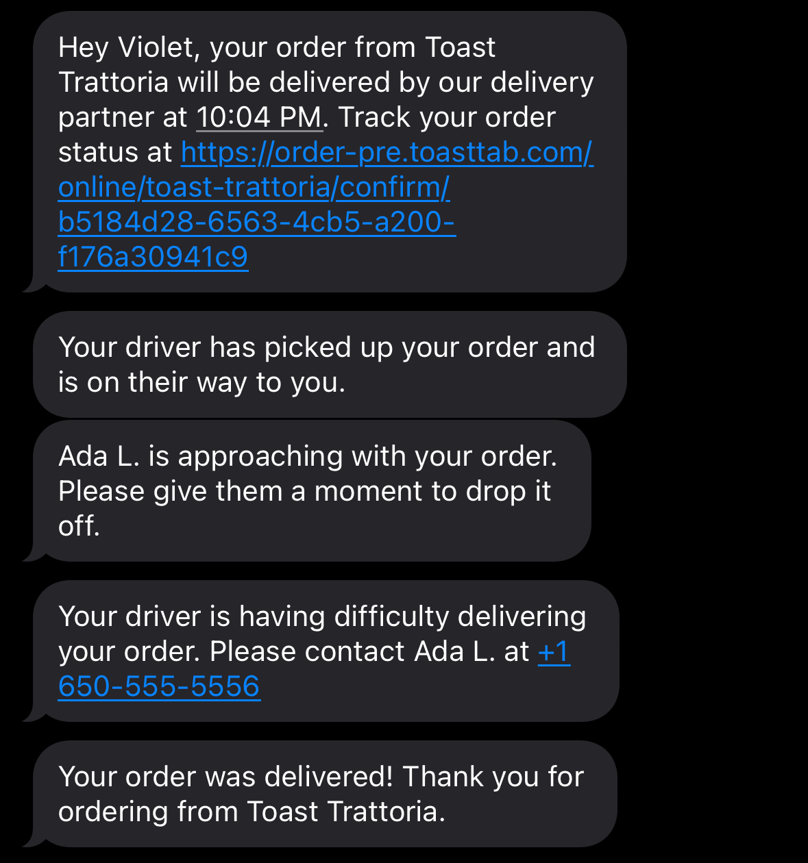 Toast Delivery Services Order Status SMS Texts