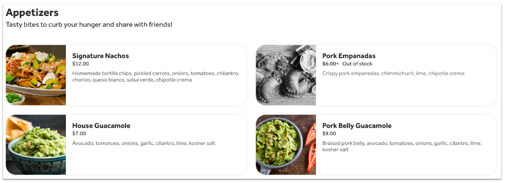 example of Toast Online Ordering site showing menu items with images and descriptions 