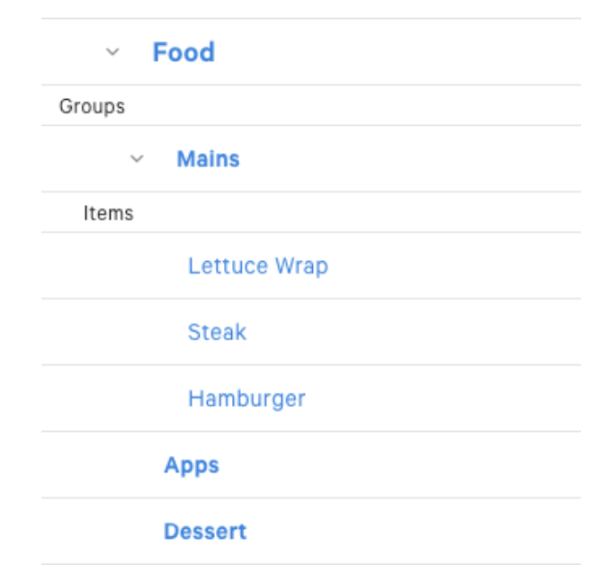 sample "food" menu with a group called "mains" and several items, including a "lettuce wrap"