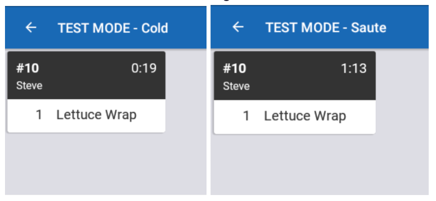 two sample KDS screens, one for the "Cold" station and one for the "Saute" station, both of which show 1 Lettuce Wrap