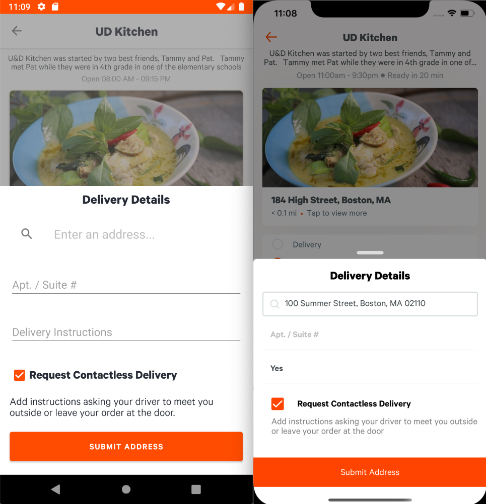On Toast TakeOut app the Request Contactless Delivery is selected
