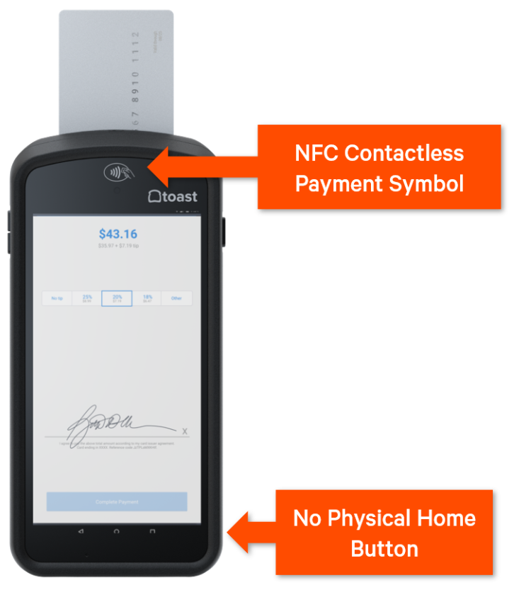 Toast Go® 2with NFC contactless payment symbol and no physical home button