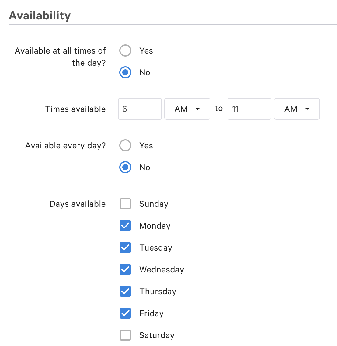 Setup of menu availability for time and day