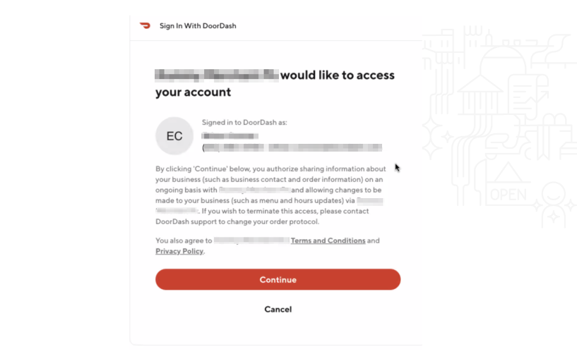 Terms and conditions to connect your DoorDash account to Toast Web.