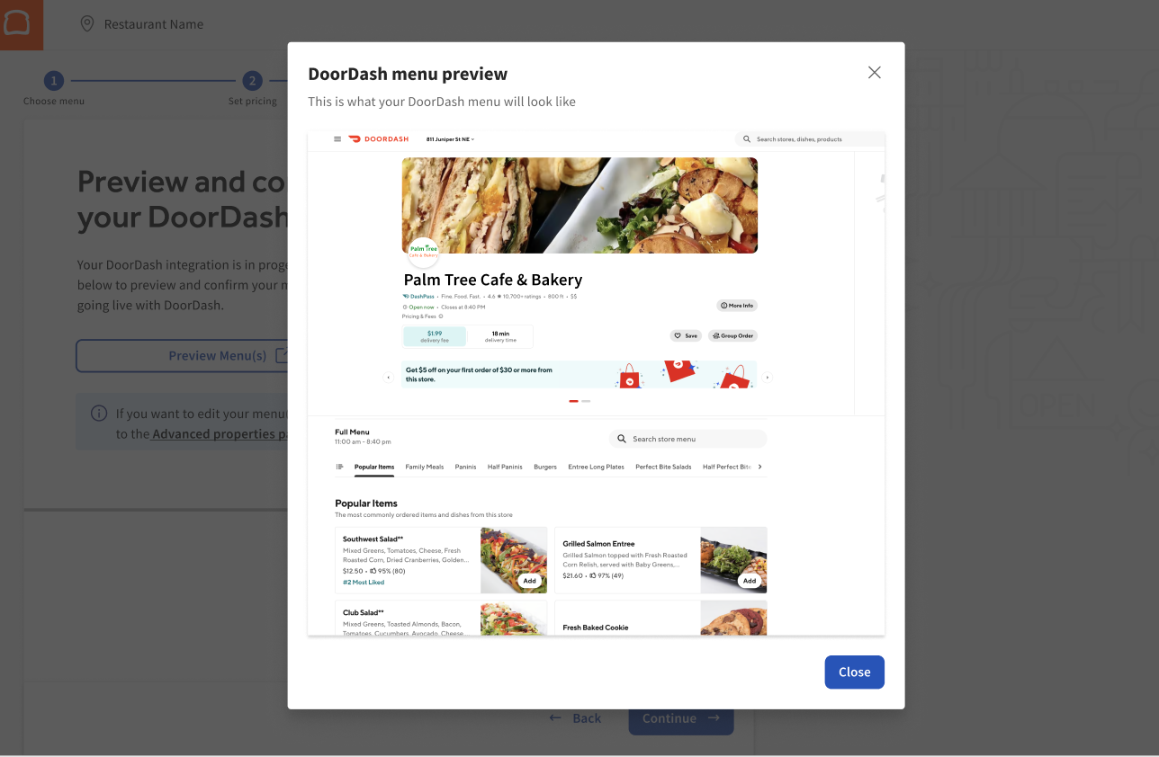 DoorDash menu preview.