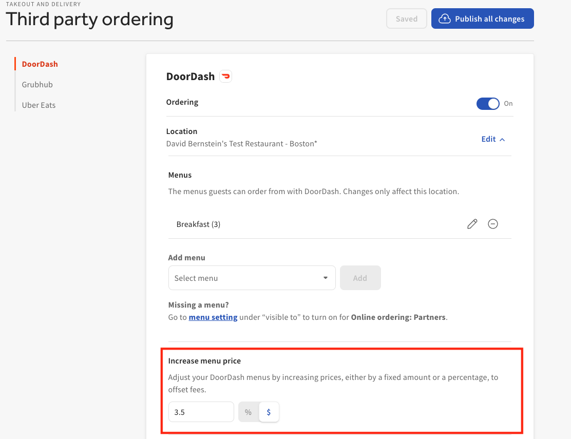 DoorDash configuration page with Increase menu price section highlighted