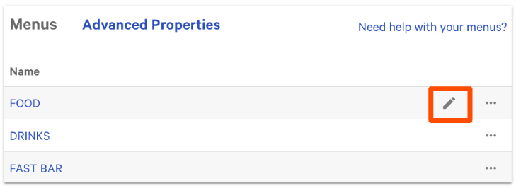In Advanced Properties under Menus  pencil icon on the right side of the table is highlighted