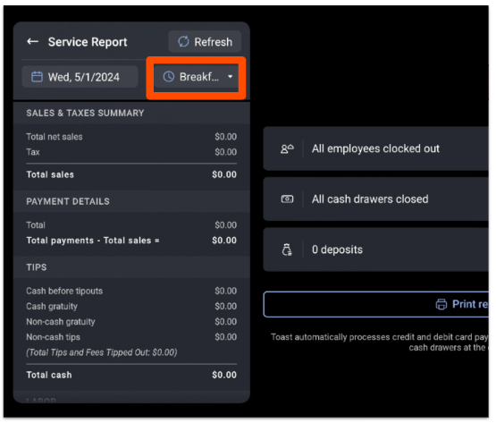 service report on the POS showing sales & payment data for specific service period: breakfast, in this example