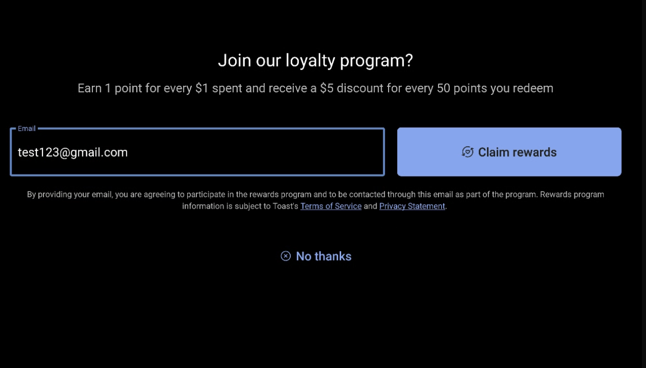 Join our loyalty program? screenshot with field to enter email address