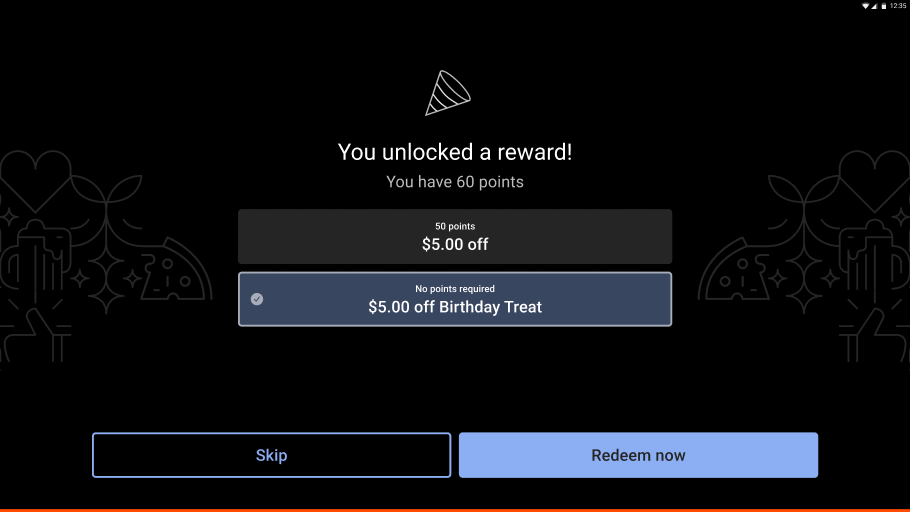 You unlocked a reward! screen with option to redeem now or skip