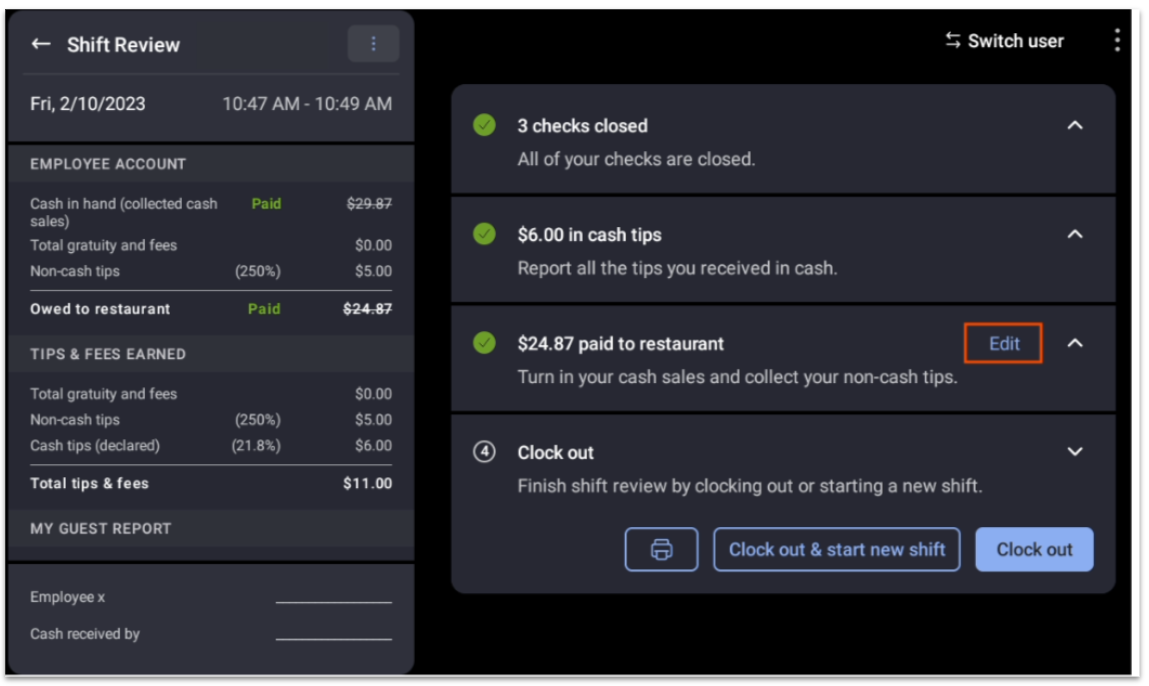 edit button on shift review screen