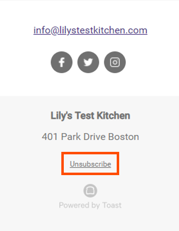 Guest facing unsubscribe link for email marketing.