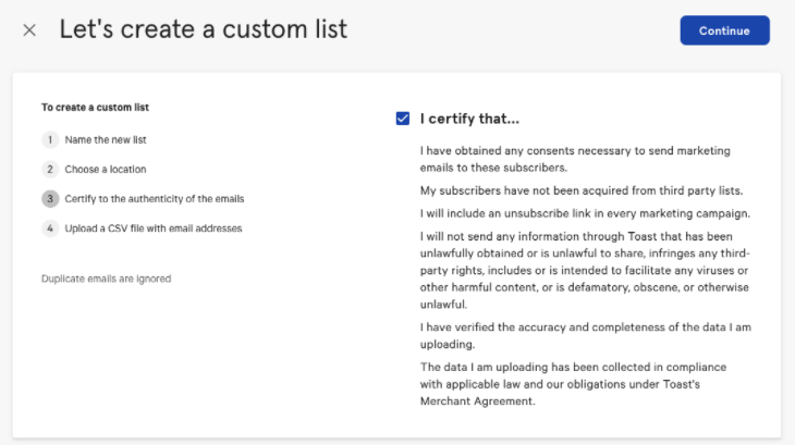 Consent certification for emailing subscribers.