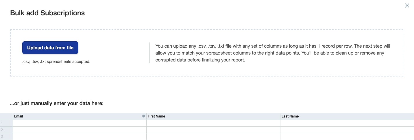 Bulk upload for email subscriptions.
