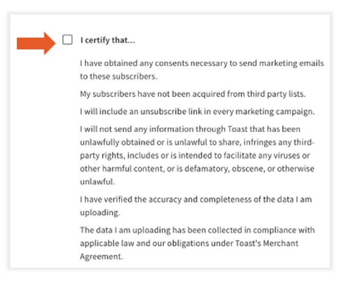 Toast email marketing consent to send emails.
