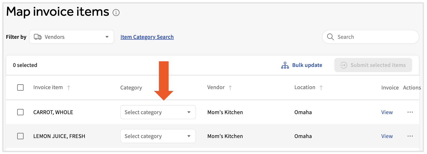 Category drop down for mapping invoice items