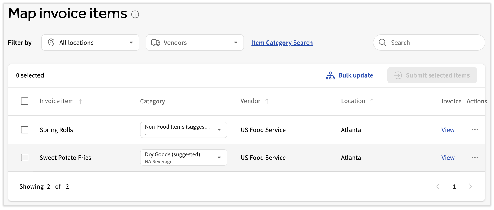 Map invoice items tab