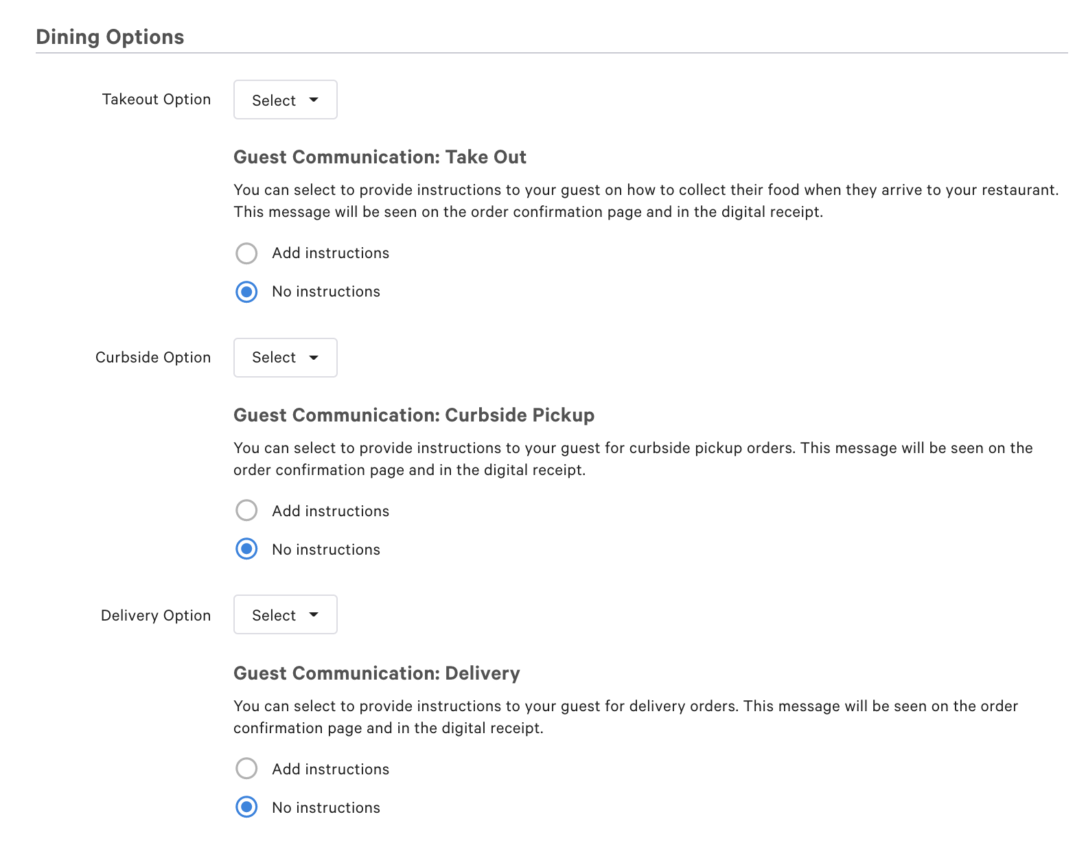 Takeout and delivery dining option settings.
