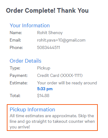 Example order confirmation page.