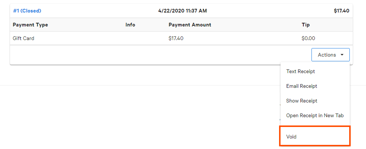 Action drop-down options to Void a Check on Toast Web
