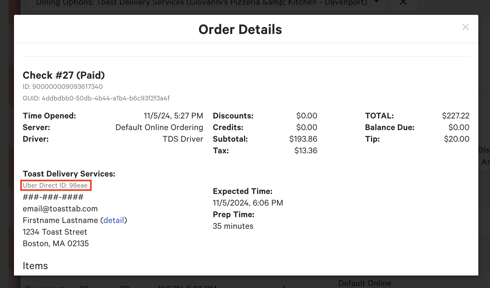 TDS Order ID on Toast Web