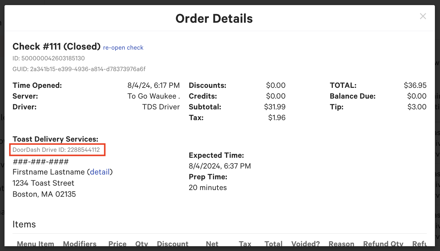 Toast Delivery Services® DoorDash Drive provider ID example