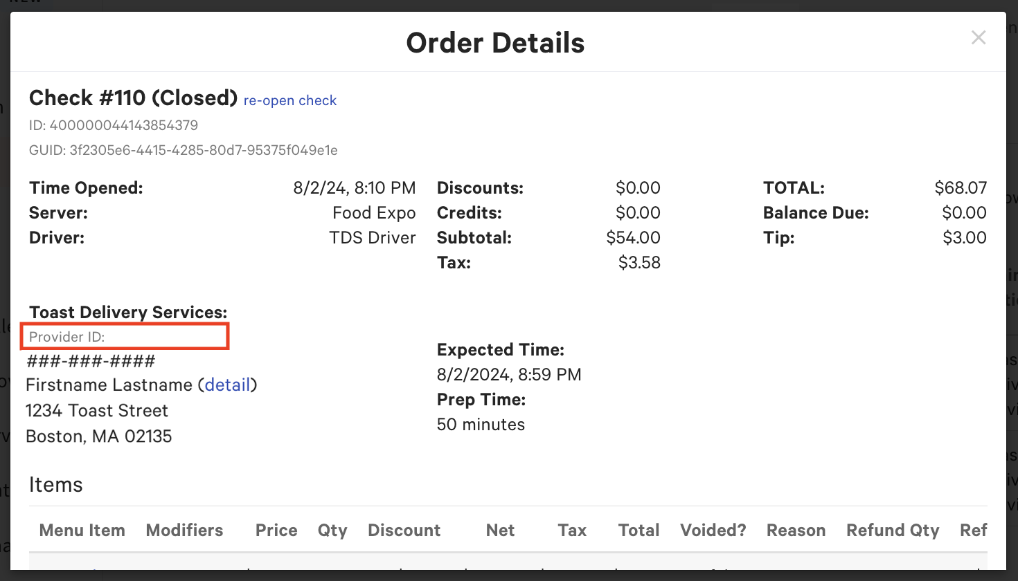 Toast Delivery Services® blank provider field in Toast Web. 