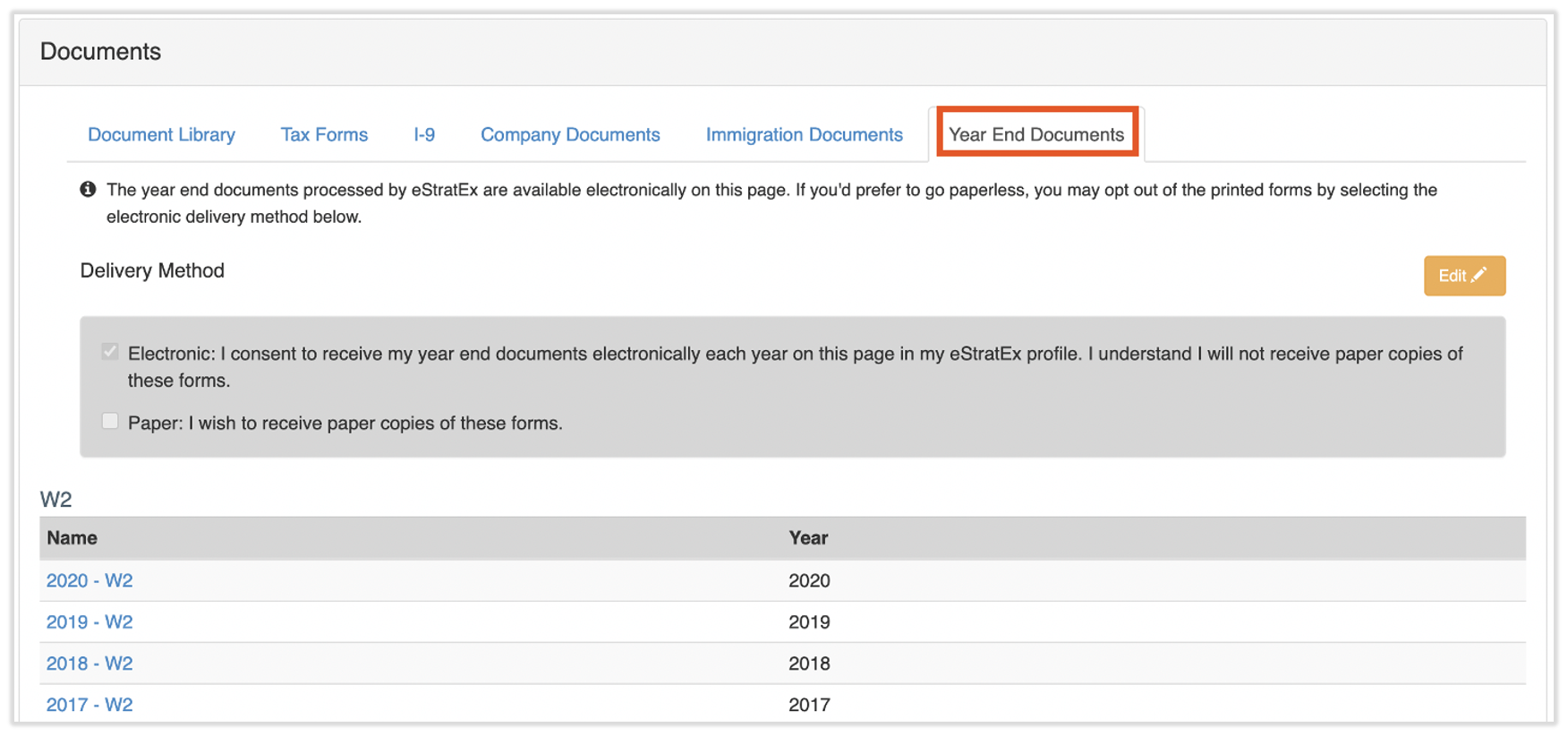 Pestaña “Documentos de cierre de año” que muestra los formularios W-2 y 1095-C para descargar