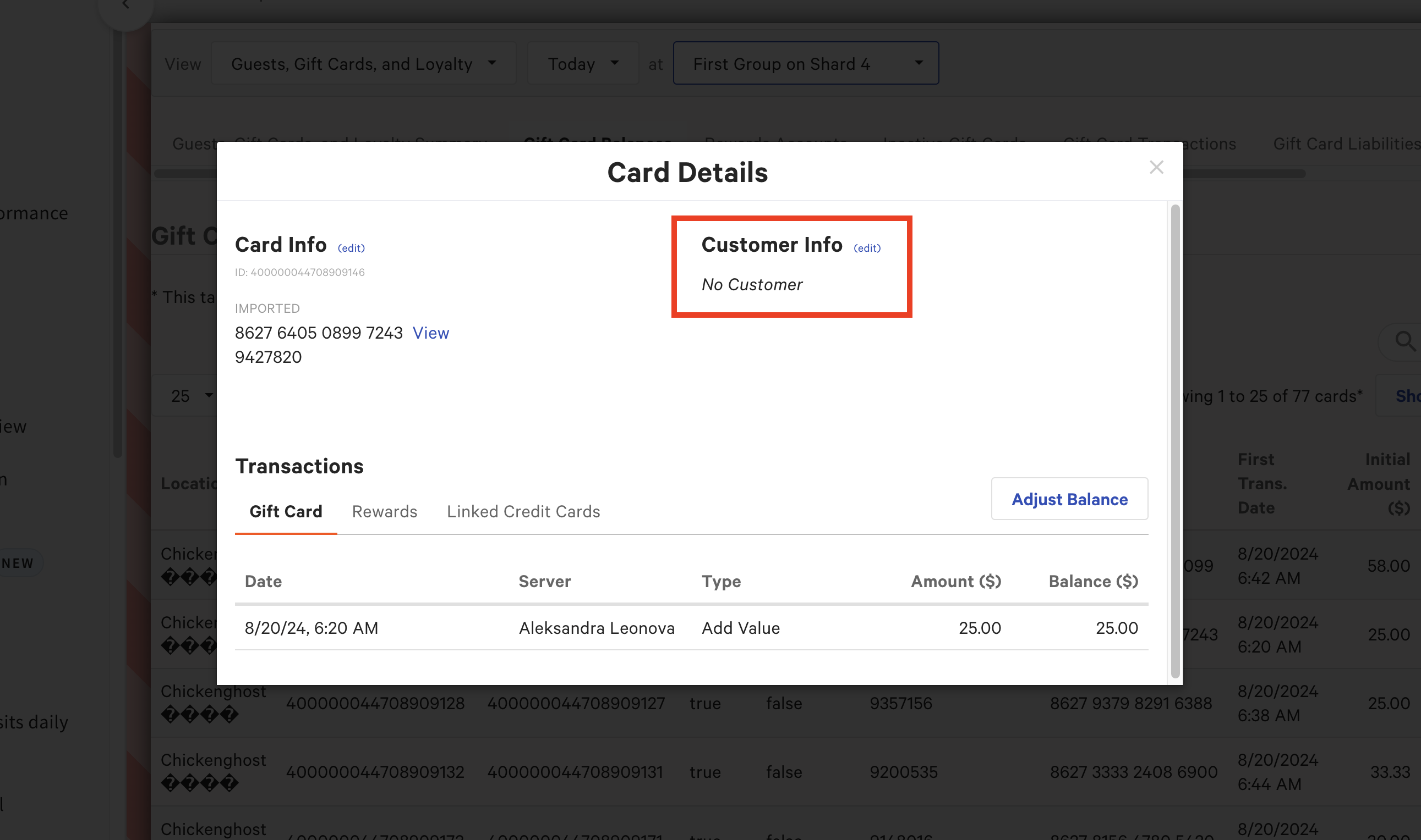 customer info for gift card notes