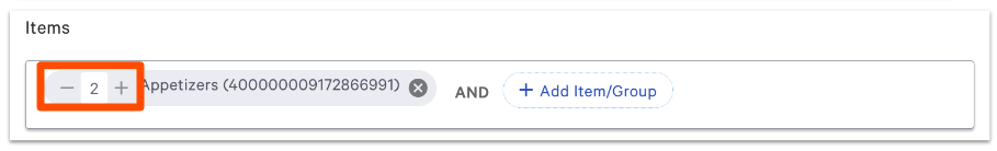 increase or decrease quantity buttons. two is selected