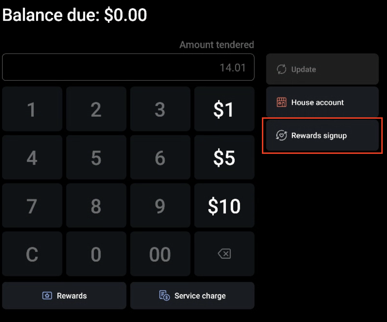 Rewards signup Toast POS display.