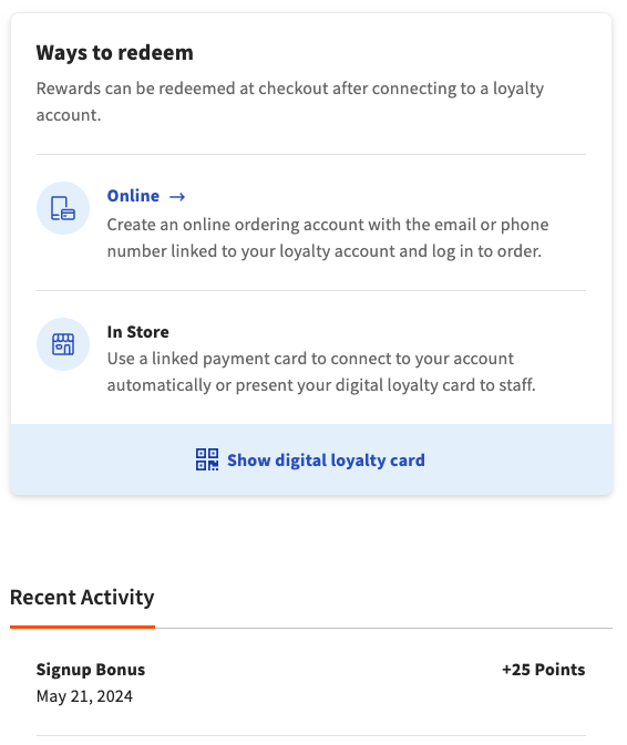 digital loyalty card - ways to redeem points section