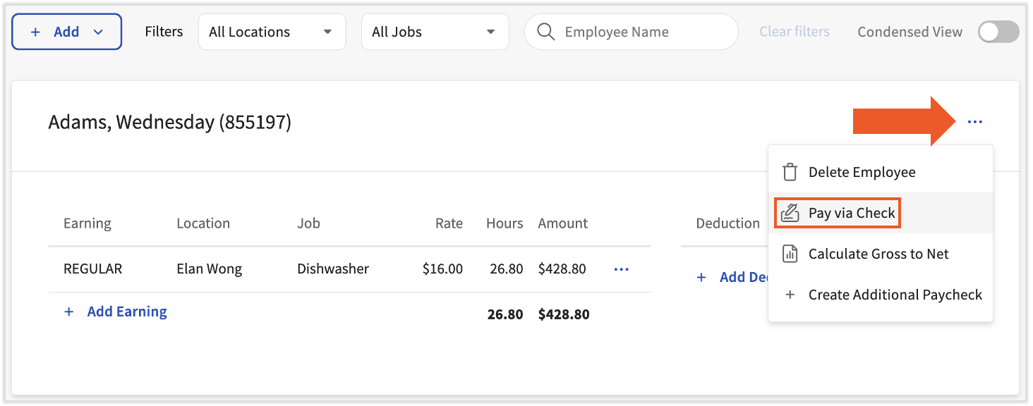 Employee Earnings step with the Pay via Check option in the overflow menu highlighted
