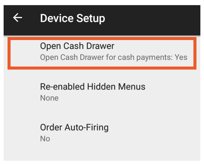 open cash drawer setting on device setup page