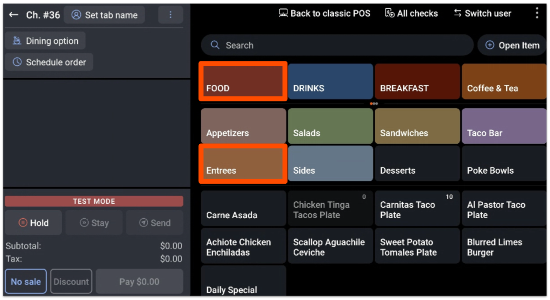 example selecting food and then entree buttons