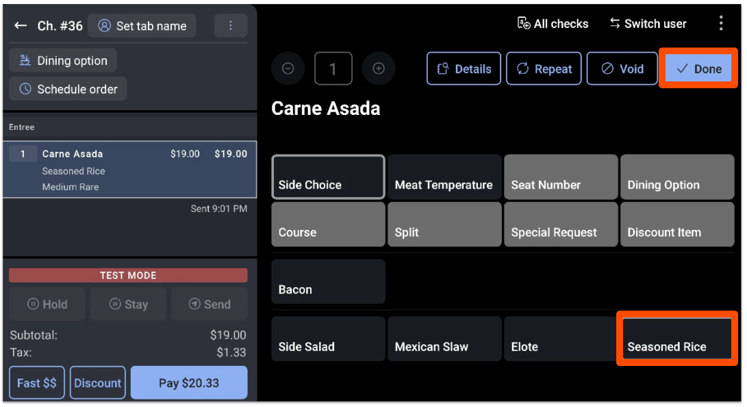 Selecting a side, In Order Screen Seasoned Rice and Done is highlighted