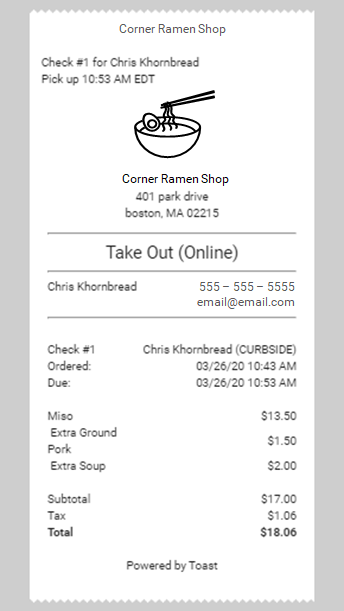 Guest digital receipt for curbside pick up.