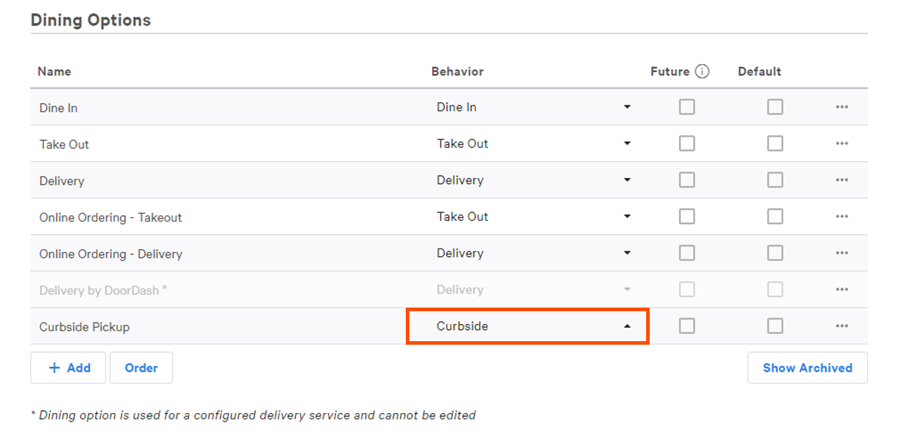Selecting dining behavior for curbside
