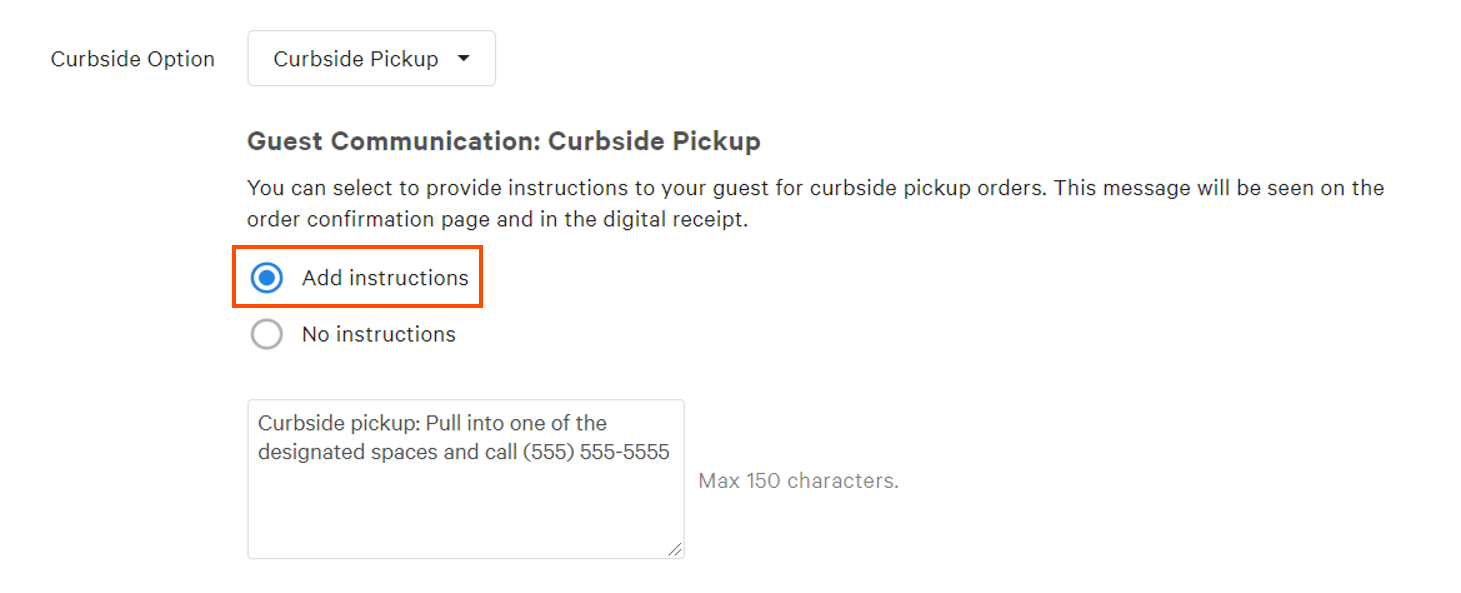 Curbside pick up additional instructions.