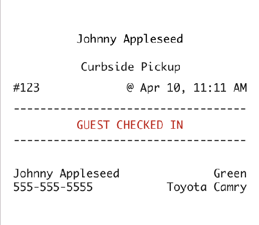 Printed receipt example for curbside pick up.