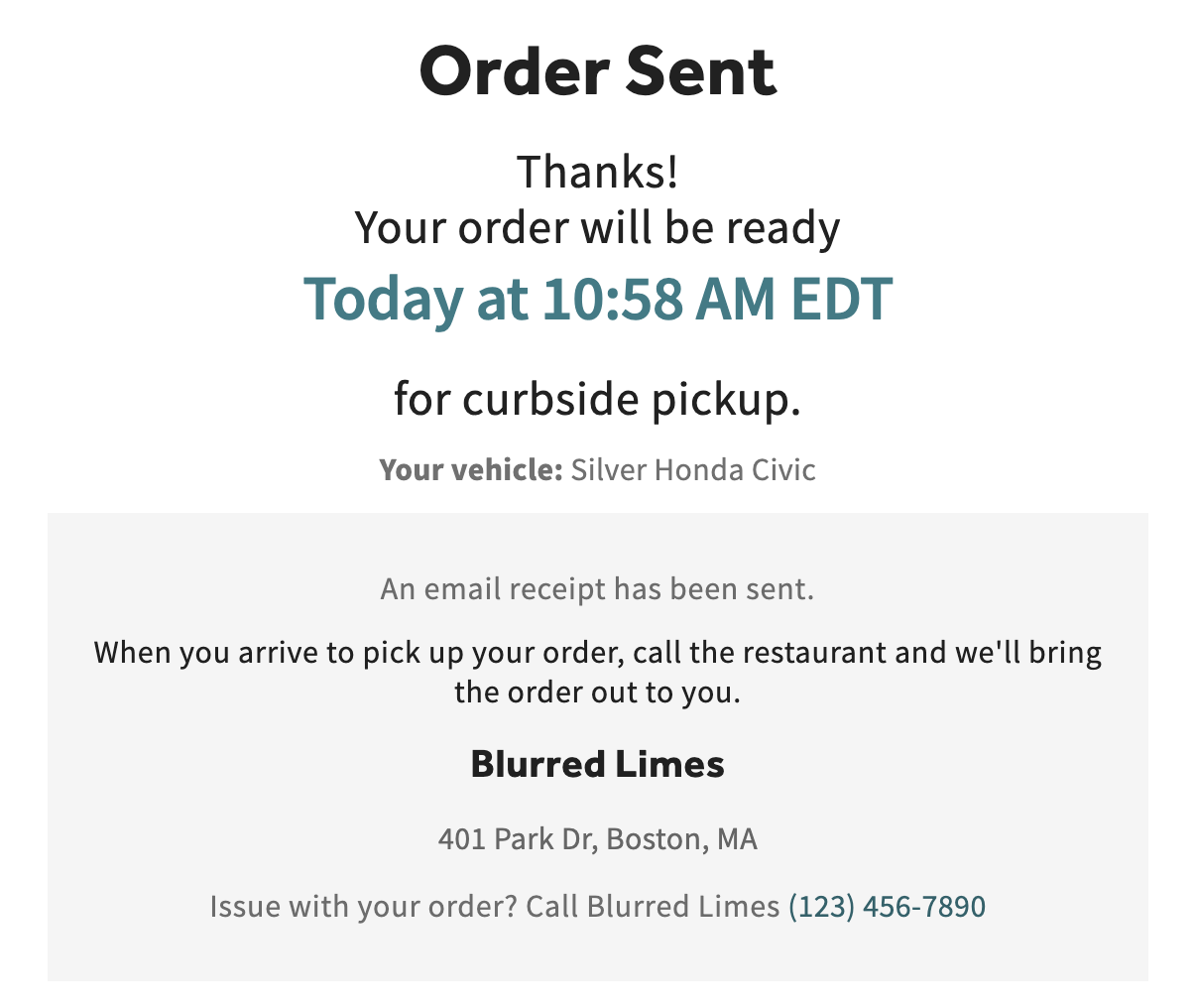 Guest curbside pickup order confirmation.