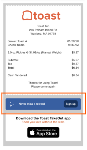 Toast Loyalty signup on the bottom of digital receipt