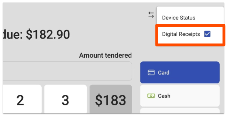 Digital receipts checkbox on payments page overflow menu